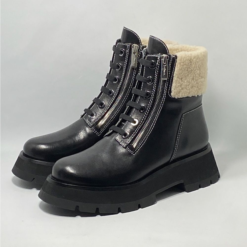 3.1 Phillip Lim Kate Zip Lug-Sole Shearling-Trimmed Leather Combat Boots size 39